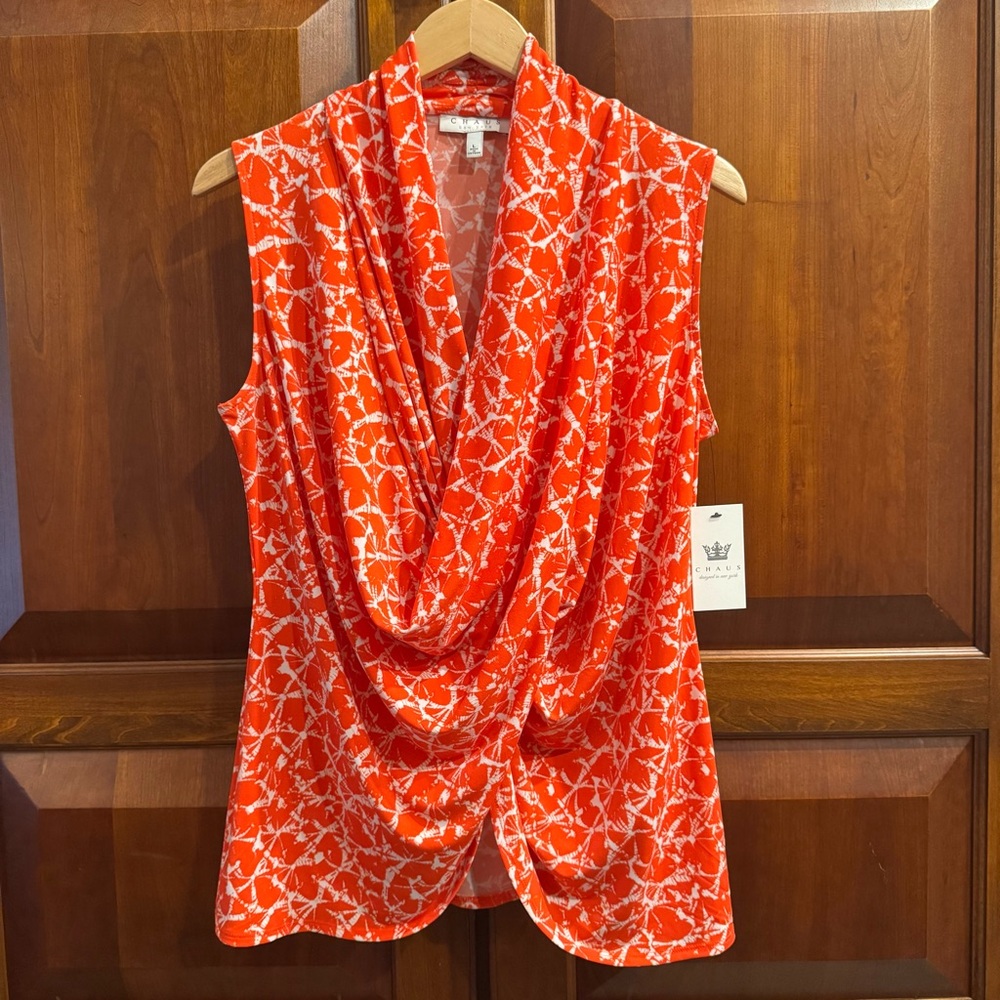 NWT CHAUS New York Women's Orange Leaf Print Faux Wrap Sleeveless Top Size L - Picture 2 of 10